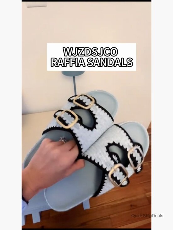 Raffia Platform Slide Sandals Adjustable Double Buckle Summer Casual